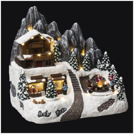 Fééric Lights And Christmas – Village de Noël lumineux animé 24 LED – Refuge de montagne 28.2cm – Multicolore en polyrésine – Fonctionne sur secteur