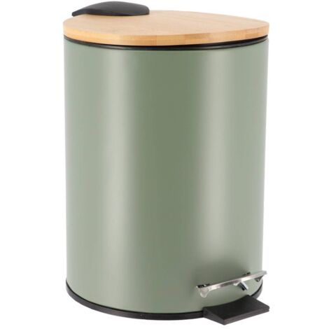 Poubelle à pédale 3L en métal Vert Kaki avec couvercle en Bambou - TENDANCE