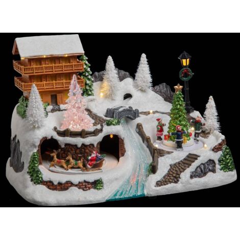 Fééric Lights And Christmas – Déco Noël chalet montagne lumineux animé – Décoration intérieure avec 14 LED blanc chaud – Dimensions L. 31 x l. 19,5 x H. 22 cm