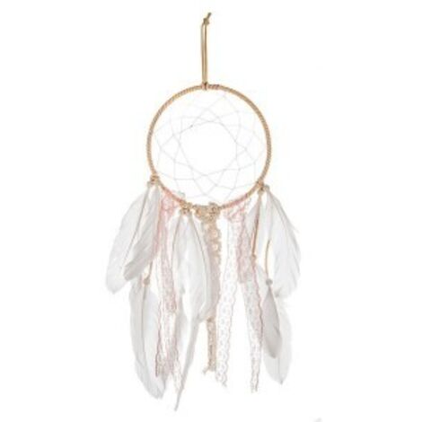 Atmosphera – Déco murale attrape rêve en dentelle H 60 cm – Coton et métal – Plumes et perles en bois – Décoration chambre enfant