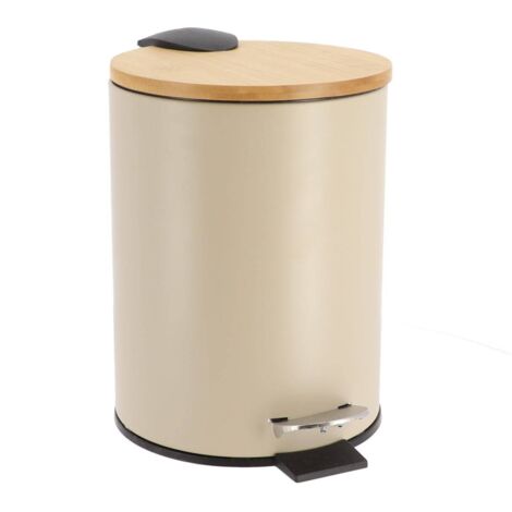 Tendance – Poubelle à pédale 3L en métal taupe – Couvercle en bambou avec frein de chute – Seau intérieur amovible – Pour salle de bain (1/6)