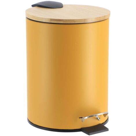 Poubelle à pédale 3L  en métal Jaune moutarde avec couvercle en Bambou - TENDANCE