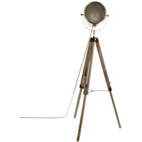 Atmosphera – Lampadaire trépied métal et bois – Hauteur 152 cm – Abat-jour projecteur en verre – Finition bronze et bois naturel