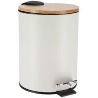 Tendance – Poubelle de salle de bain 3L en métal blanc avec couvercle en bambou – Système de frein de chute – Dimensions 17 x 20.5 x 23.5 cm