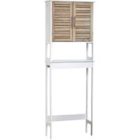 Tendance – Meuble dessus de toilettes WC 2 portes 2 étagères H 179 cm en MDF – Design moderne blanc et chêne vieilli – Autoportant pour optimisation espace