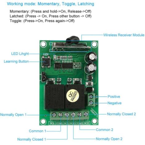 ZONADAH Drahtloser Fernschalter DC 5–24 V, 433 MHz, 1-Kanal-Relais, Selbstsperrend, Mit 1 Sender, Für Tore, Vorhänge, Beleuchtung
