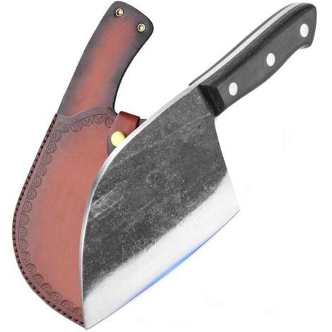 Handgeschmiedetes Fleischerbeilmesser, 6,7 Zoll, handgefertigtes serbisches Kochmesser aus Manganstahl mit Lederscheide, Hackmesser mit durchgehendem Griff für Küche und Camping (1/4)