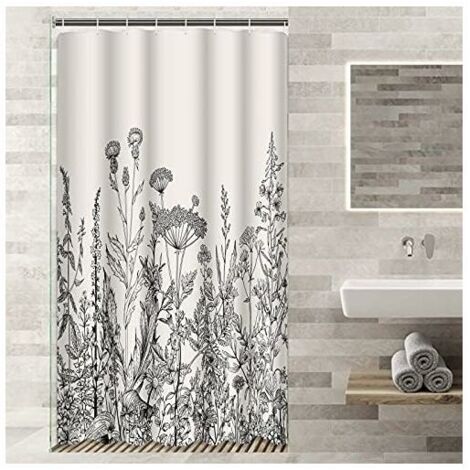 RV-Duschvorhang, 90 x 180 cm, Blumenbordüre, Kräuter und Wildblumen, Vintage-Botanikdruck, schwarzer wasserdichter Polyesterstoff, Set mit Haken