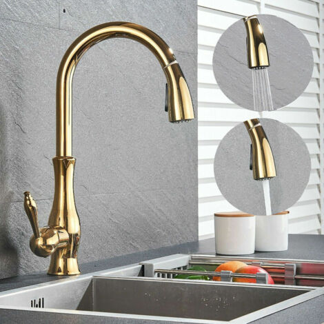 Küchenarmatur aus goldenem Messing mit Sprüher, ausziehbarer Spültischhahn, 360° schwenkbarer Küchenmischhahn mit Spiralfeder und 2 Modi, Einhebel-Spültischmischbatterie mit Warm- und Kaltwasser erhäl (1/5)