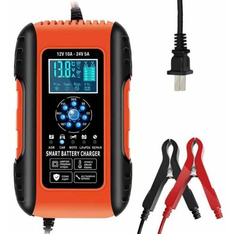 Vtizikl Chargeur de Batterie Intelligent 10A 12V/5A 24V, Chargeur Batterie Mainteneur et Automatique Réparation Fonction Portable avec Écran LCD, pour Voiture Moto Camion, AGM, Gel, Wet, SLA (1/4)