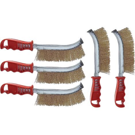 Lot de 5 Brosses métalliques avec fils ondulés - longueur 235mm - grattoir à main convexe avec poignée en plastique - nettoyage/décapage/peinture/rouille - poils d'acier jaunes (1/5)