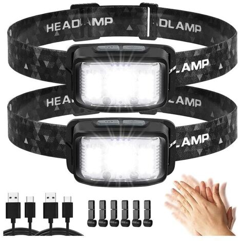 Vtizikl Lampe frontale Super LED 2 pièces rechargeable par USB, lampe frontale à détecteur de mouvement de 2000 lumens, 16 modes d'éclairage, étanche et légère, adaptée à l'extérieur [Classification é (1/4)