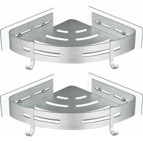 Vtizikl Etagère de Douche d'angle sans Perçage en Aluminium Aéronautique avec 2 Crochets pour Douche Support Antirouille Autocollant pour Articles de Salle de Bains 2 Pièces (Argent) (1/4)