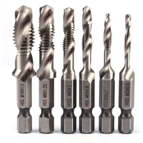 Vtizikl 6pcs HSS Jeu de Foret Mèche à 1/4" Tige Hexagonale Set Robinet de Foreuse de Combinaison HSS Bit M3-M10 Filetage Métrique Drill Pour Bois fer Aluminium Argent (1/4)