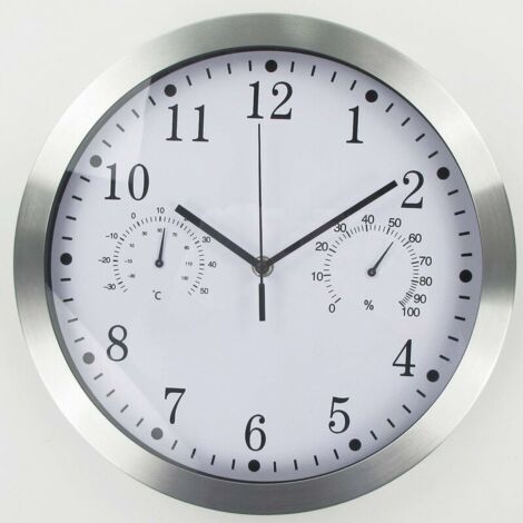 Vtizikl Horloge murale ronde à quartz, horloge murale intérieure silencieuse en aluminium avec thermomètre et hygromètre pour salon, cuisine, bureau (blanc) (1/5)