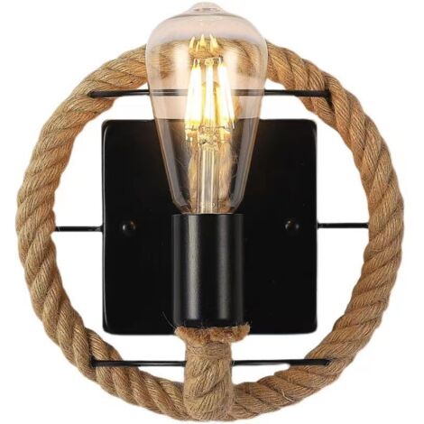 Lampada Da Parete Vintage A Mano In Legno - Stile Retrò Con Corda Di Canapa - Applique Per Soggiorno, Bar E Ristoranti - 3
