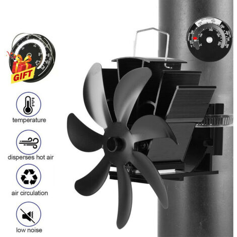 Ventilatore per Stufa a 7 Pale con Termometro, Ventilatore per Camino Nero per Stufa a Legna, per la Casa, Silenzioso, Risparmio di Carburante Alimentato dal Calore (1/5)