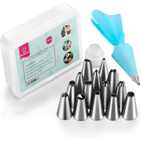 Beccucci per decorare torte, kit fai da te in acciaio inossidabile per decorare torte e cupcake, 14 beccucci e 1 sac à poche riutilizzabile (confezione da 16) (1/5)