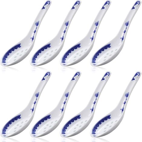 Cucchiai da zuppa in ceramica in stile cinese con motivi in porcellana blu e bianca, posate asiatiche, cucchiai da riso cinesi, stoviglie per antipasti, accompagnatori per cene di degustazione. (1/5)