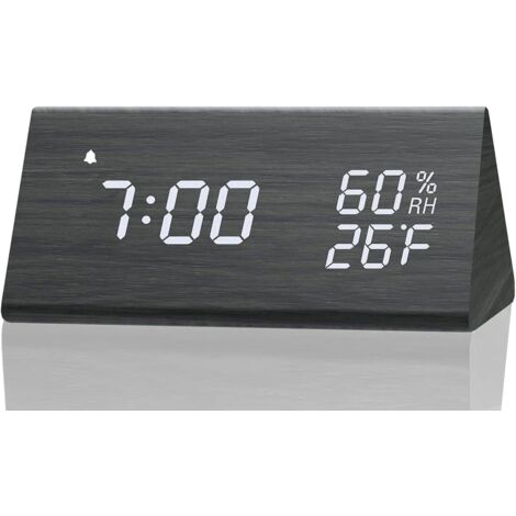 Sveglia digitale, display elettronico a LED in legno, 3 impostazioni di allarme, rilevamento di umidità e temperatura, orologi elettrici in legno per camera da letto, comodino. (Nero) (1/5)