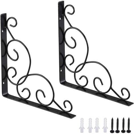 Staffe per mensole in ferro battuto, confezione da 2, per giardino, parete, cucina, bagno, ufficio, ristorante (nero)