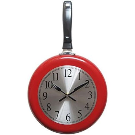 Orologio da parete a forma di padella in metallo da 25 cm per l'arredamento della cucina, orologio da parete a tema cucina unico con cacciavite (rosso) (1/5)