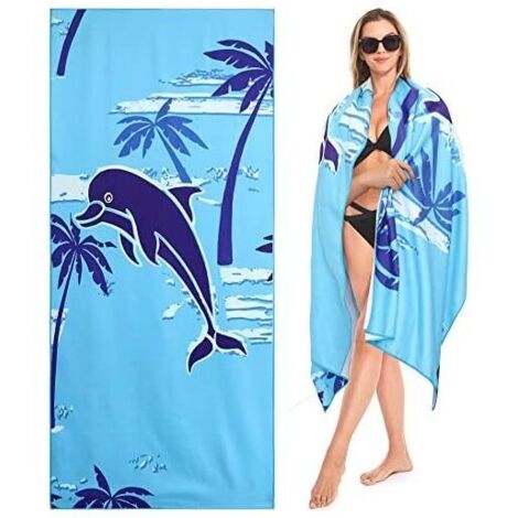 Telo mare grande KZQ, 150 x 70 cm, in microfibra, resistente alla sabbia, ad asciugatura rapida, per spiaggia/piscina/sdraio (alberi di cocco e delfini) (1/4)