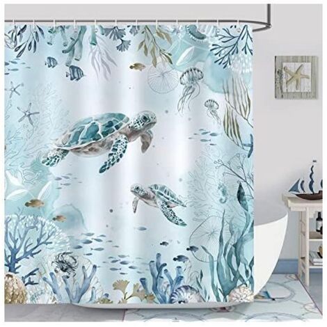 Tenda da doccia KZQ, tenda da bagno con motivo tartaruga marina e alghe, in poliestere, antimuffa, impermeabile, lavabile, 180 x 180 cm, con 12 ganci per vasca da bagno. (1/4)