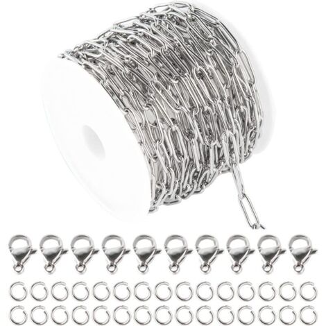 KZQ 1 rotolo da 16,4 piedi/5 m di catena per graffette in acciaio inossidabile, confezione sfusa, 12 catene per graffette da 4 mm, maglie reali, 10 fermagli a moschettone, 30 anelli di congiunzione (1/4)