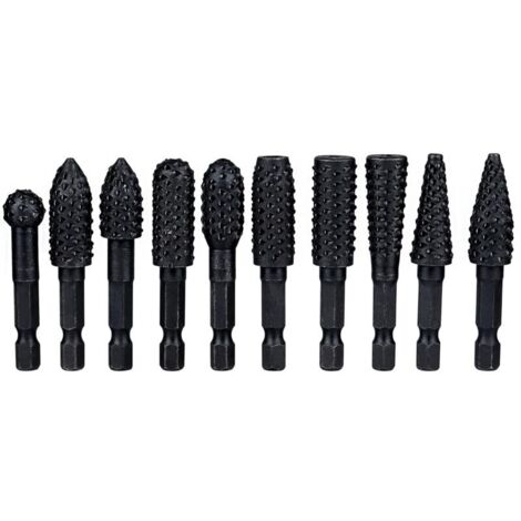 Set di 10 raspe rotanti KZQ, acciaio al carbonio da 6,35 mm, impugnatura esagonale, utensile per intaglio rotante per intaglio del legno, lucidatura dei metalli, incisione, nero (1/4)