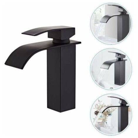 Rubinetto per bagno, rubinetto per lavabo con acqua calda e fredda disponibile, rubinetto per lavabo moderno con design a cascata, corpo valvola in rame nero resistente (1/4)