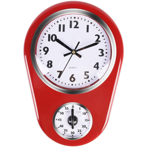 Orologio da parete da cucina KZQ con timer, orologio da parete da cucina rosso, grande orologio da parete in vetro ABS rosso vintage, orologio da cucina per la casa, timer