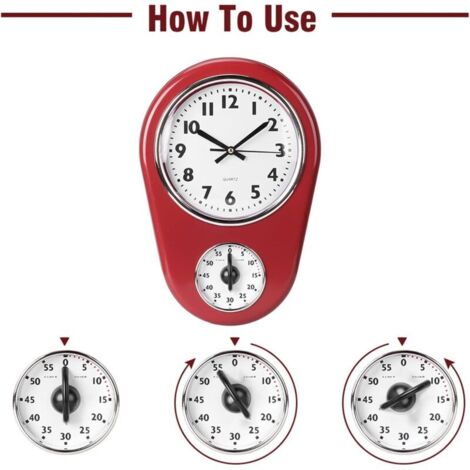 Orologio Da Parete Vintage Timer Rosso – Silenzioso, Vetro ABS, Movimento Silenzioso, Con Conto Alla Rovescia, Dimensioni 21,6x31,6x5,7 Cm