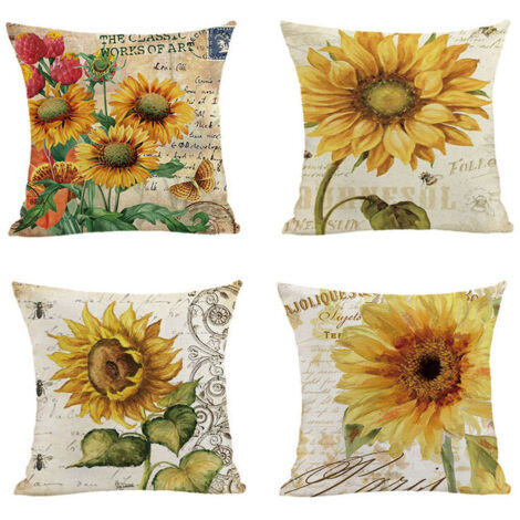 KZQ Set di 4 federe 45 x 45 cm, arredamento rustico, federe in cotone e lino con motivo girasole, federe quadrate (1/4)