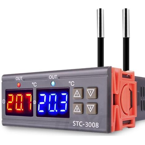 KZQ 1 pezzo STC-3008 Regolatore termostato di temperatura DC 12 V, regolatore di temperatura digitale con doppio display e doppio sensore sonda NTC, modalità di riscaldamento e raffreddamento
