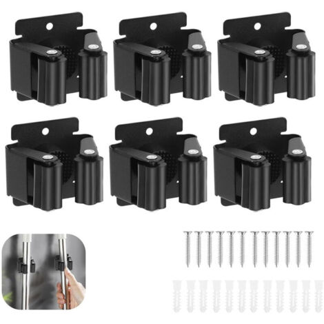 Supporto per scopa da parete, confezione da 6, clip per scopa, supporto per mocio per bagno, cucina, ufficio, armadio, giardino e garage (nero) (1/4)