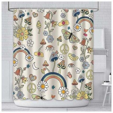 Tenda da doccia KZQ 180x180cm con motivo a fungo, lavabile, con stampa floreale bohémien, stile hippie, anni '70 e '80, con 12 ganci. (1/4)