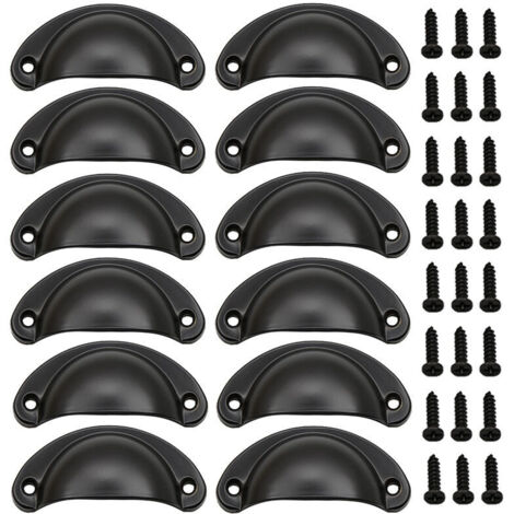 KZQ 12 pezzi maniglie a conchiglia vintage, pomelli per porte, maniglie per mobili, maniglie per porte in ferro retrò con viti per mobili, cassetti, armadi, credenze da cucina, 8 cm x 3,5 cm (nero) (1/4)
