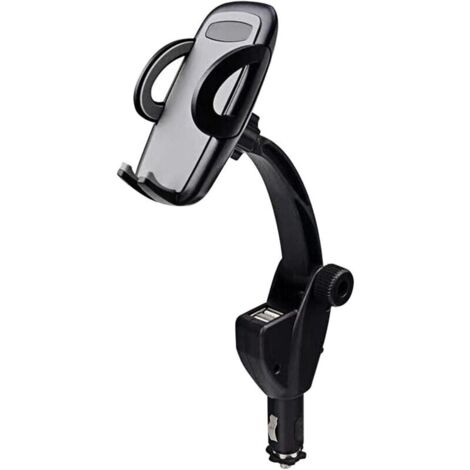 Supporto per telefono da auto KZQ, caricabatterie da auto 2 in 1 con doppia porta USB e supporto regolabile, supporto universale per accendisigari da auto a 360 gradi (nero) (1/4)