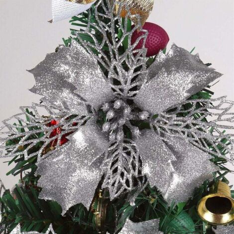 KZQ 10 pezzi di fiori di stella di Natale artificiali lucidi per ghirlande natalizie, fiori per alberi di Natale, steli di fiori artificiali da 11 cm, decorazioni per ghirlande natalizie (argento) (1/4)