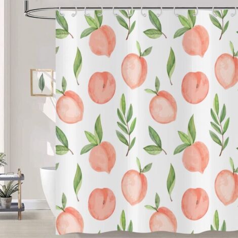 KZQ 180x180cm Tenda da doccia rosa pesca con foglie verdi e frutta, tenda da bagno colorata e carina, tenda da bagno in poliestere impermeabile e lavabile con ganci (1/4)