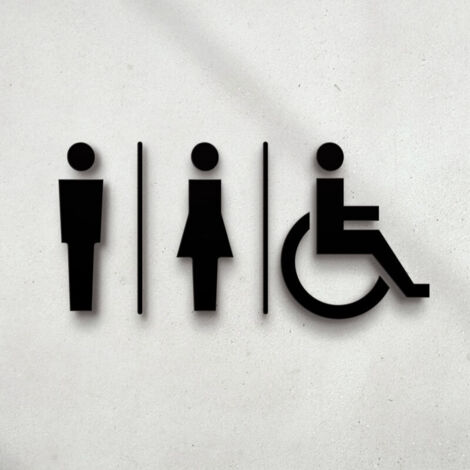 Targa nera in rilievo per bagno (14 x 22,5 cm), kit adesivo per la progettazione di bagni. Cartelli per bagni per uomini e donne disabili - adesivi per bagni