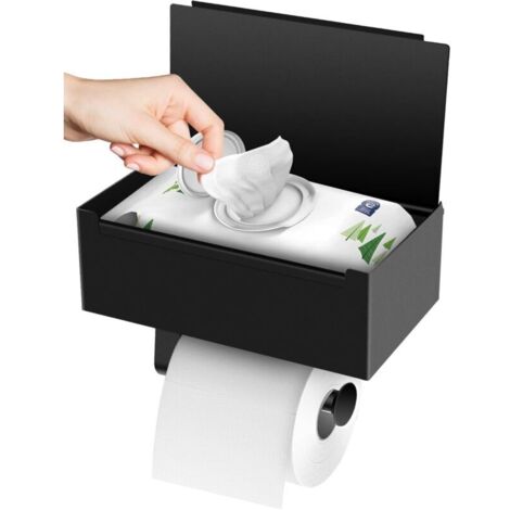 Porta carta igienica da parete KZQ con foratura, ripiani e contenitore per salviette umidificate, porta carta igienica nero per bagni e cucine. (1/3)