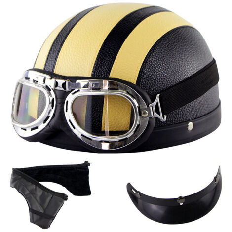 Casco da motociclista vintage in pelle nera e gialla con occhiali protettivi