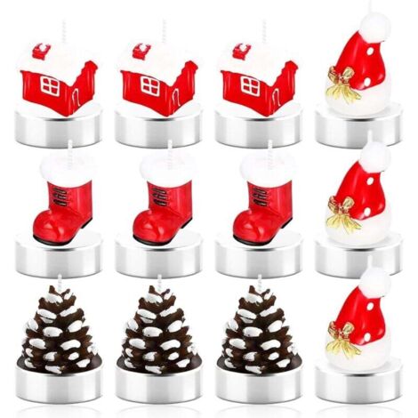 KZQ 12 candele natalizie da tè, candele natalizie fatte a mano, candele natalizie delicate, candela a forma di pigna con cappello natalizio, candele natalizie per la decorazione della casa. (1/4)
