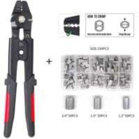 Pinza per funi KZQ con funzione di taglio per manicotti in alluminio da 0,1 mm a 2,2 mm, con 150 manicotti in alluminio a doppia canna da 1,2/1,5/2 mm