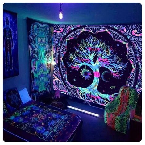 Arazzi indiani KZQ, arazzo fluorescente UV con albero della vita, coperta psichedelica da appendere alla parete, arazzo hippie multicolore, decorazione UV, personalizzabile per camera da letto e soggi