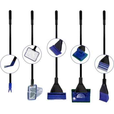 Kit di pulizia per acquari KZQ 5 in 1, strumento per la pulizia di acquari in vetro: retino, rastrello per ghiaia, raschietto per alghe (acciaio inossidabile), forcone per piante, spugna per la pulizi