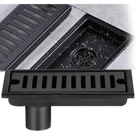 Piletta di scarico rettangolare KZQ, Piletta di scarico in acciaio inox nero 20 x 10 cm, Piletta di scarico per doccia con doppio filtro per WC, Scarico per bagno, Cucina, Balcone