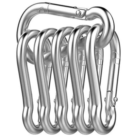 KZQ Confezione da 6 moschettoni a molla in acciaio inox 304, portata sicura 140 kg, molla chiusa 60 x 30 mm, 5,9 mm. Moschettone per amache, campeggio, pesca, tende da sole (argento). (1/4)